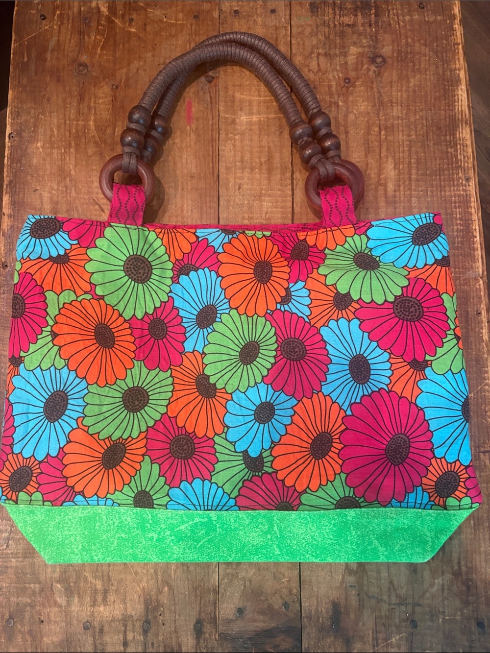 Retro Flower Power Mod Fabric Tote Bag with Textured Loop Handles